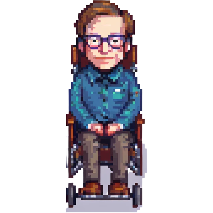 Stephen Hawking sitting in his wheelchair, wearing glasses and a gentle smile, simplified pixel art details emoji