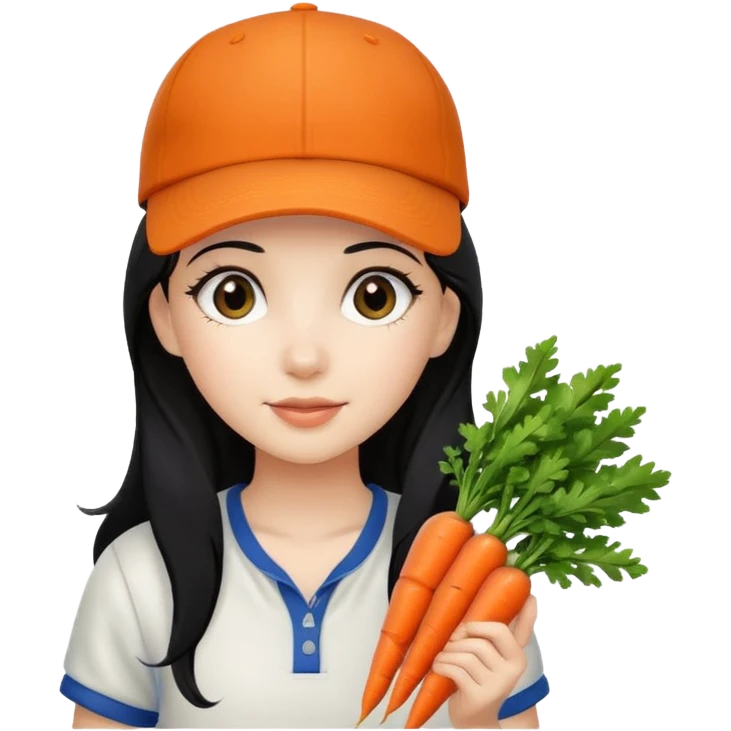 girl with black hair, baseball cap, holding carrots emoji
