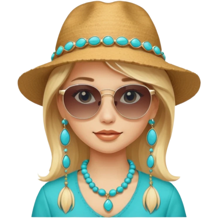 Blonde hair girl wearing sunglasses and a hat with turquoise jewelry  emoji