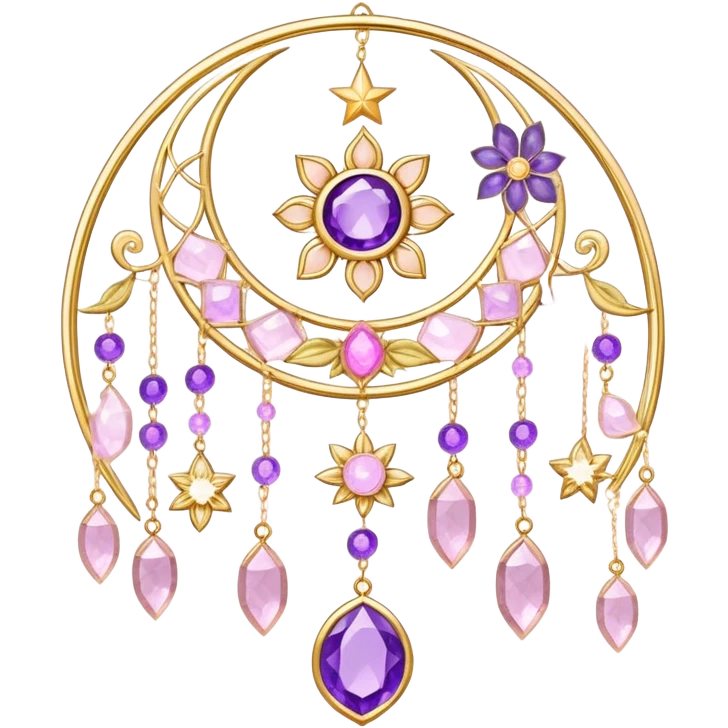 Epic beautiful gorgeous cute gold suncatcher, threads with shiny sparkly amethyst and rose-quartz gemstones, flowers, moons, stars, leaves emoji