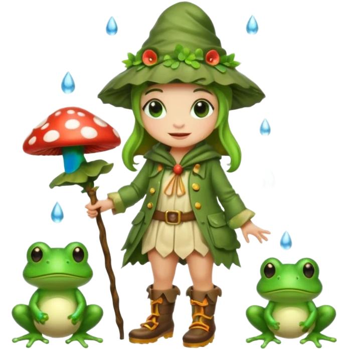 woodland bard woman dressed as frog druid, mushroom hat and rain boots emoji