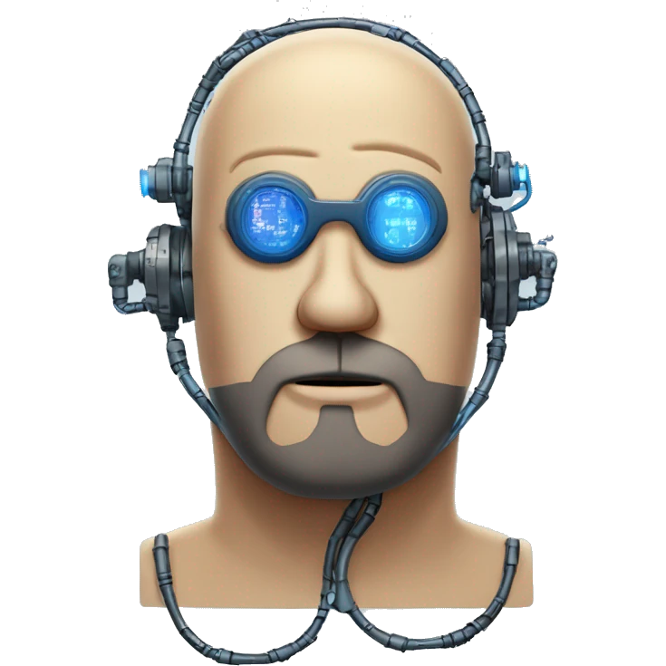Bearded Fat bald cyborg head with tan skin, blue goggles and circuits emoji
