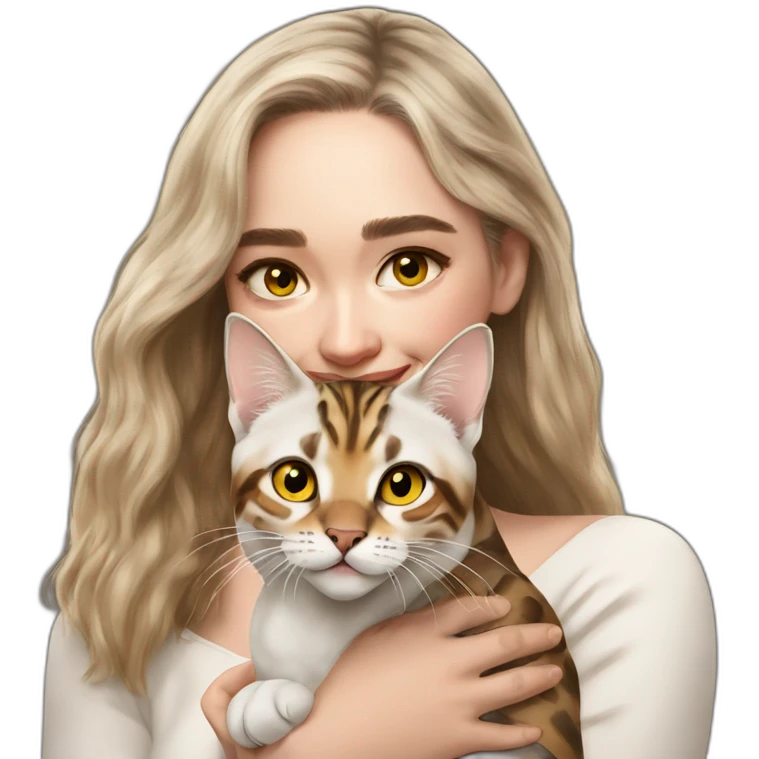Emilia Clarke holds a Bengal cat with yellow eyes emoji