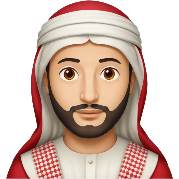 Apple emoji-style portrait of Crown Prince Mohammed bin Salman, simplified and clean, round face, friendly expression, white thobe, red-and-white checkered shemagh, minimal shading, flat colors emoji
