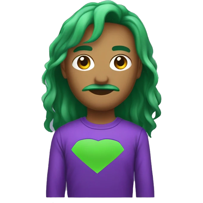 Um homem de blusa verde com detalhes em roxo de usando um bone roxo com detalhes em verde emoji