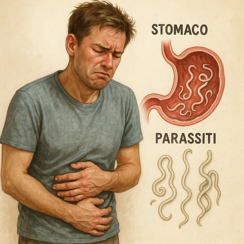realistic medical illustration of a person looking frustrated and tired, holding their stomach, with a stylized cross-section of the stomach showing parasites, educational and respectful, Italian labels, no explicit details emoji