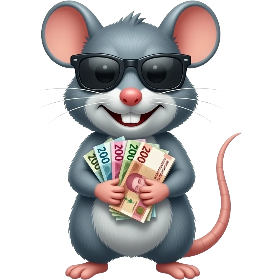 An angry rat wearing a sunglasses grab a bunch of indonesia's money and smiling emoji