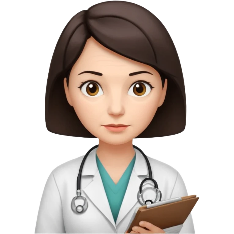A female doctor in her 50s with visible facial wrinkles, dark brown short bob hair, looking down at and focusing on a medical chart. emoji