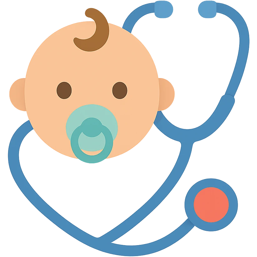 Vector illustration of a baby's face with a pacifier, featuring smooth, clean outlines, soft shadows, and subtle highlights. A stethoscope wraps around the baby, forming a heart shape. The design should be high-quality, professional, and suitable for printing. Include realistic light reflections and gentle gradients for depth. Transparent background. emoji