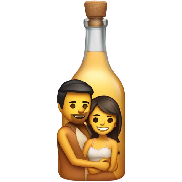 Bottle of tequila and romantic couple hugging in backgr emoji