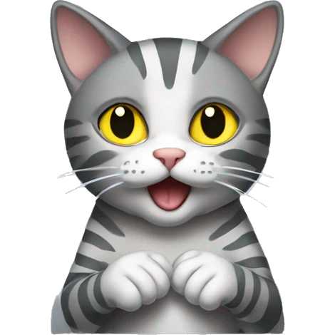 A striped gray cat with yellow eyes licks its paw emoji