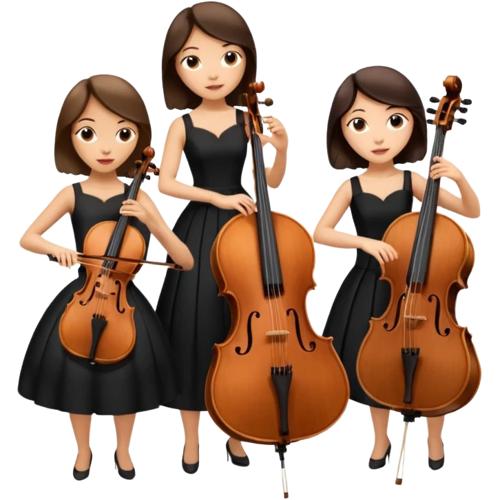 Create an imagine of three brunette women playing string instruments in black dresses, the first is playing a cello, the second is playing a viola and the third is playing the violin emoji