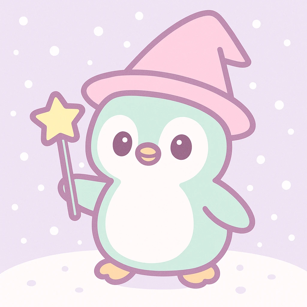 Add a snowy background behind the penguin wizard, keeping the whimsical kawaii style. emoji