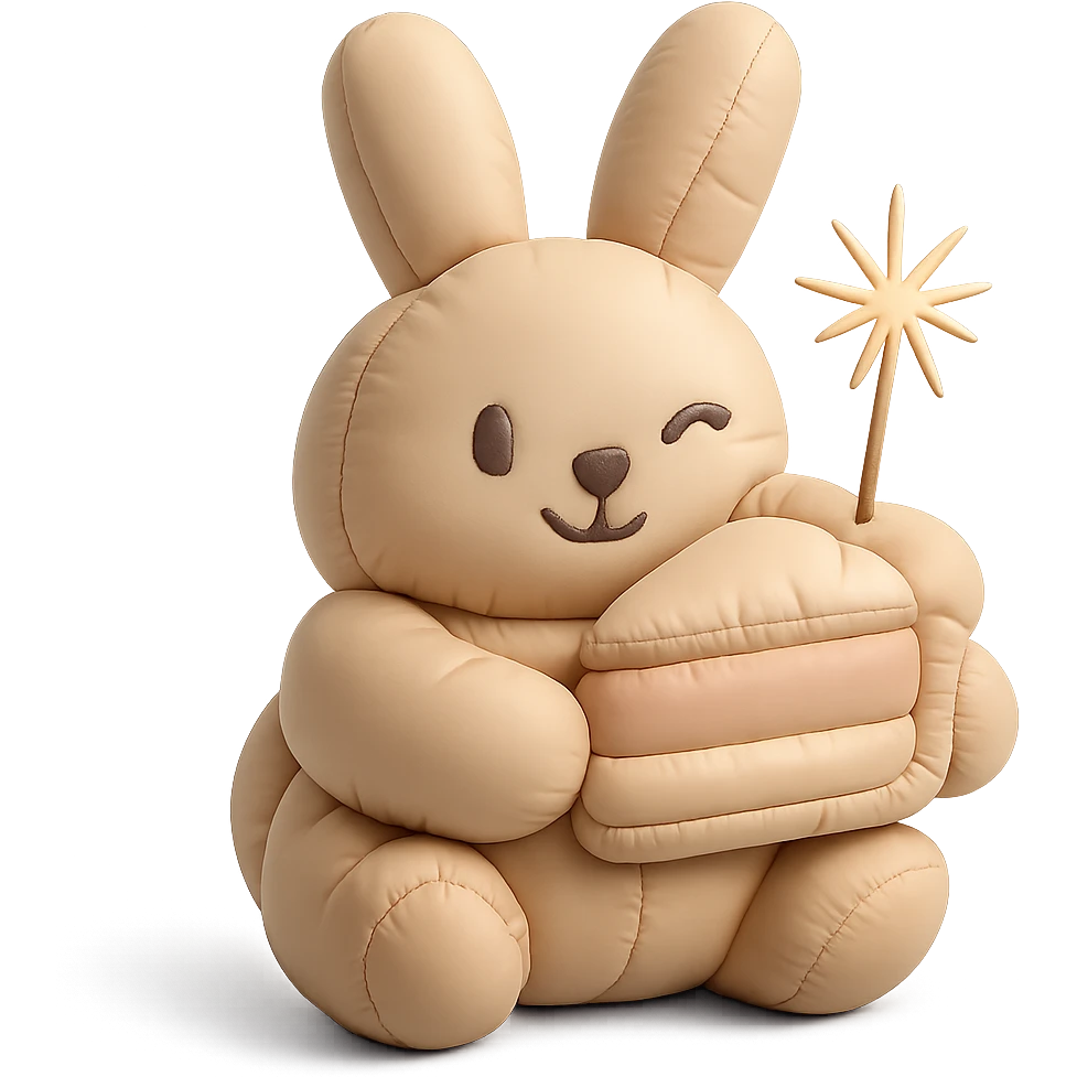 bunny holding cake slice and sparkler, winking, cushion style emoji