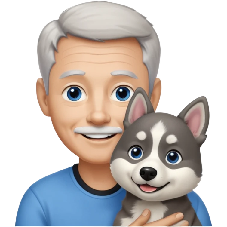 A 60 year old man with blue eyes and short light gray hair and no mustache and slightly big ears, holding a single black and white husky dog with floppy ears and white tuft eyebrows, both smiling emoji
