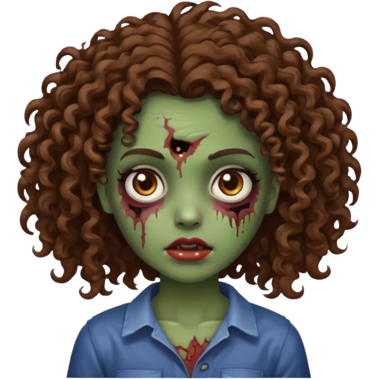 Faça uma garota zombie de cabelo cacheado castanho, olhos castanhos escuro e pele parda emoji