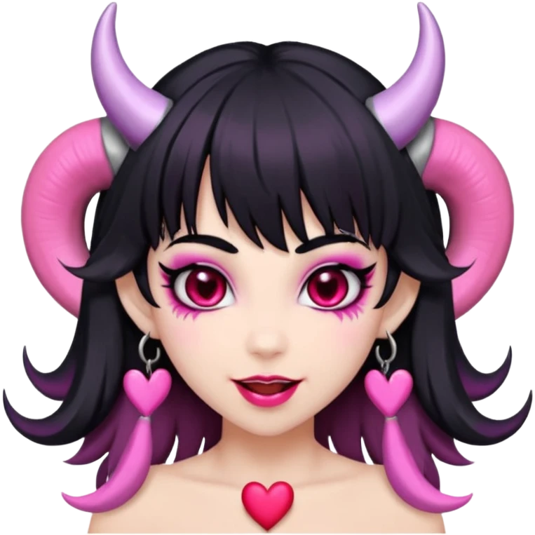 succubus,-pink-irises,-heart-pupils,-black-shaggy-hair,-straight-across-fringe,-grey-skin,-white-horns-curving-towards-forehead,-succubus-horns,-flirty-smile,-full-lips,-black-lips,-cute-fangs emoji
