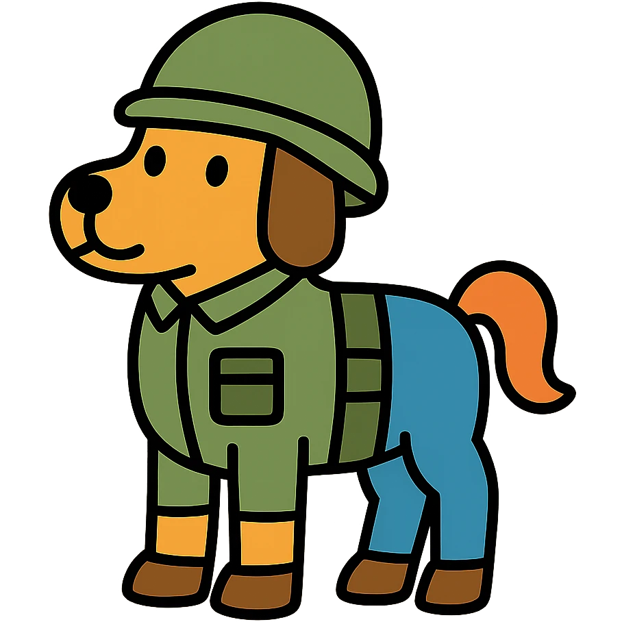 Comical character that is half dog half pony wearing soldier attire with helmet emoji