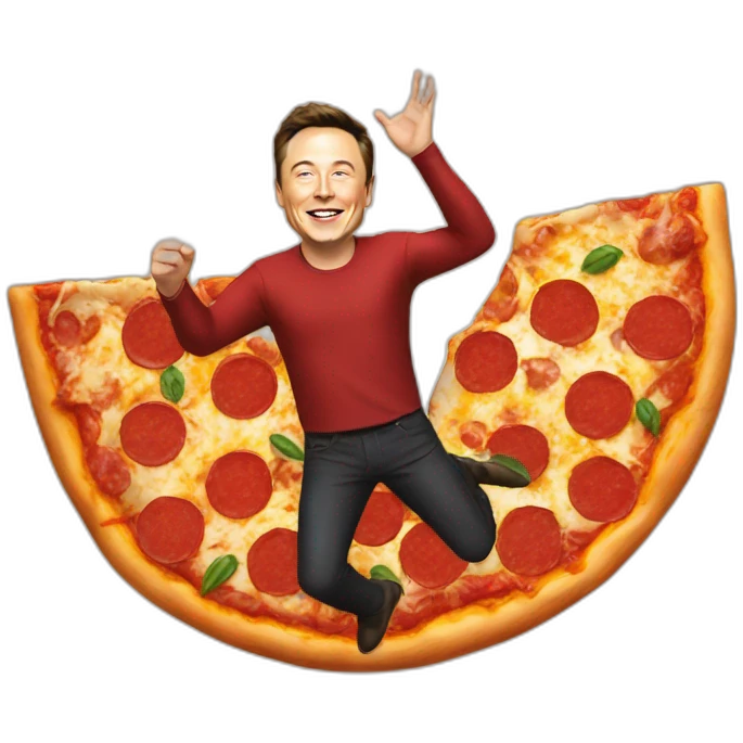 Elon musk flying on a pizza emoji