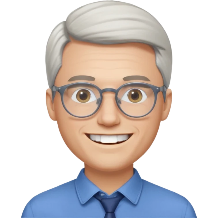 30 yr old pale white man, white/grey side swept stylish hair, round glasses, big smile, white teeth, handsome, longer hair, thin glasses, blue dress shirt emoji