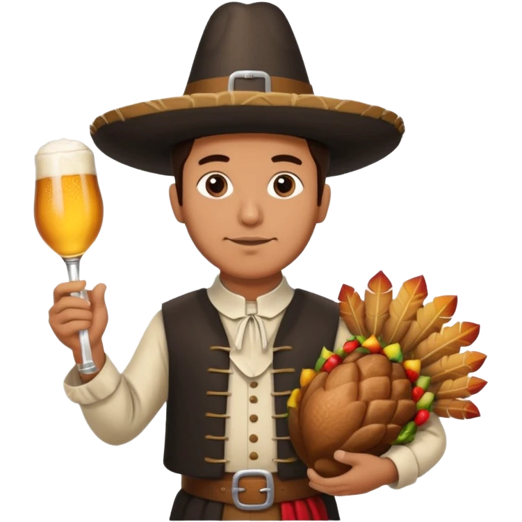 Mexican man dressesd as  Thanksgiving pilgram holding a large drumstick and Corona beer emoji