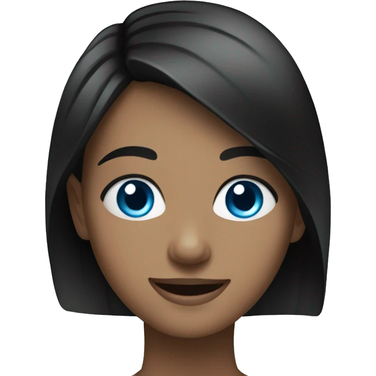 Brunette with blue eyes smiles wearing black emoji