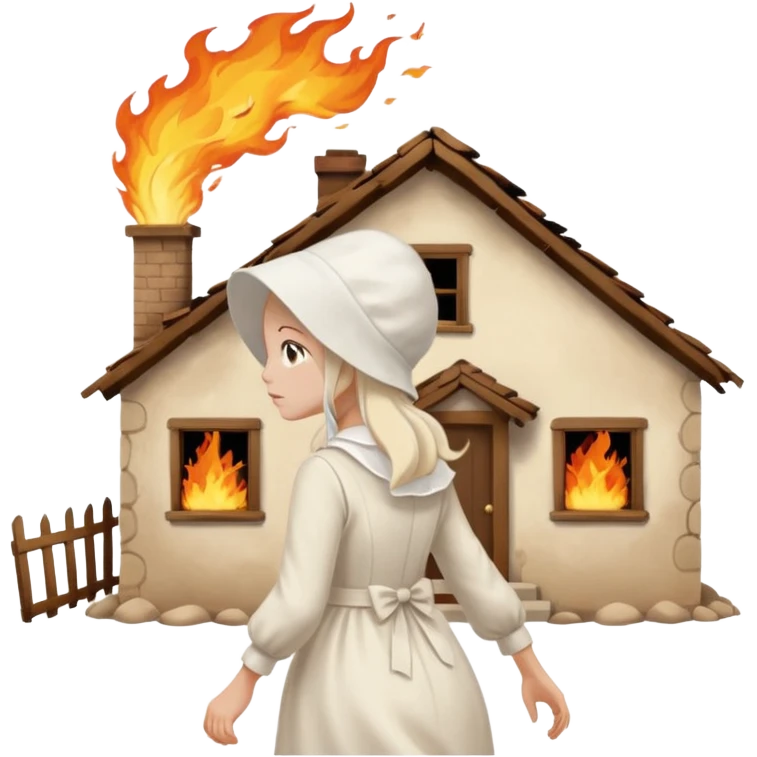 handmaids tale style woman burning house down walking away from house. shes wearing the nun hands maid tale hat cant see her face emoji