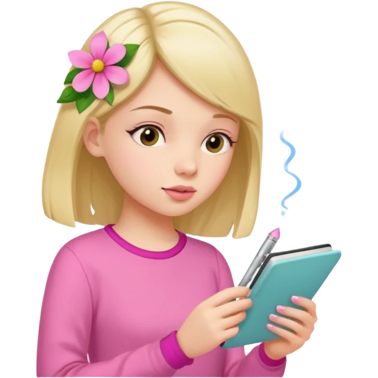 girl taking notes in pink thones and smell a fragance emoji