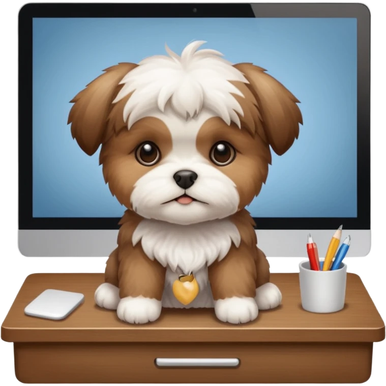 preciso de um cachorrinho da raça shitzu em cima de uma mesa de escritório emoji