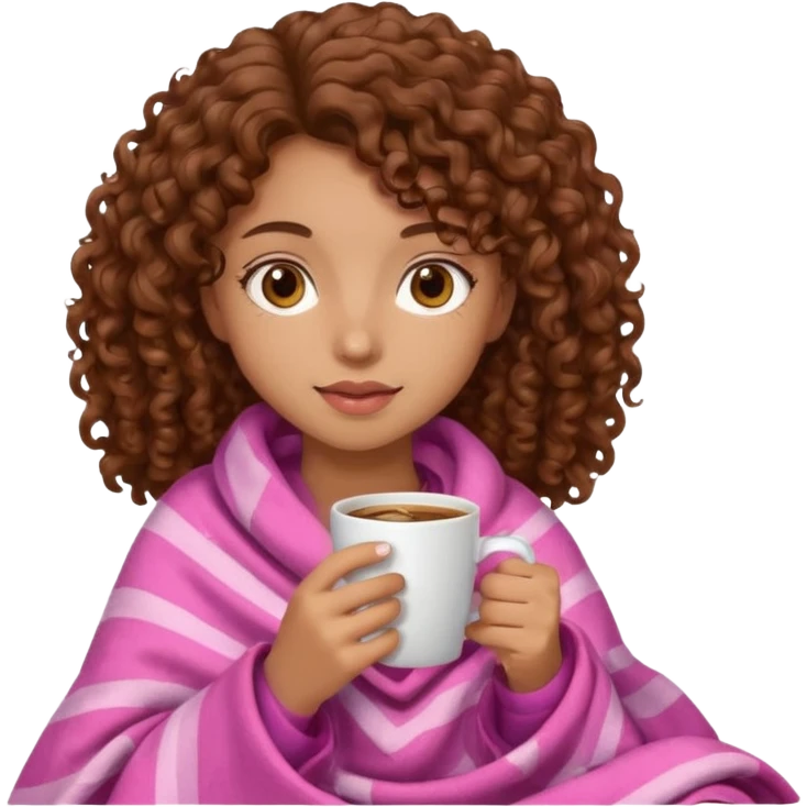 Brown eye ,brown curly hair girl with light brown skin drinking coffee with a pink blanket  emoji