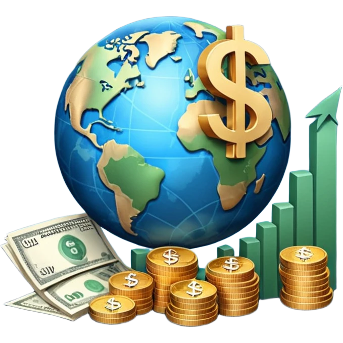An icon featuring  a dollar sign, and a chart with upward trends, symbolizing economics. The design includes coins, bills, and earth e, representing global trade and financial systems. Transparent background highlights the study of markets, supply, and demand. emoji