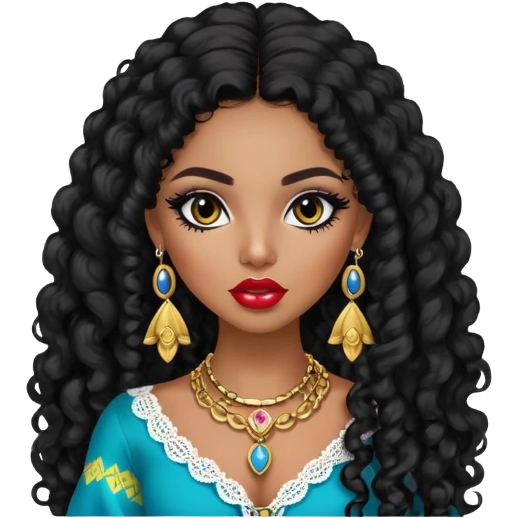 Colombian, pretty lips, colombian clothes, dark skin, long black curly hair, jewelry, pretty bratz baddie, black eyeliner emoji