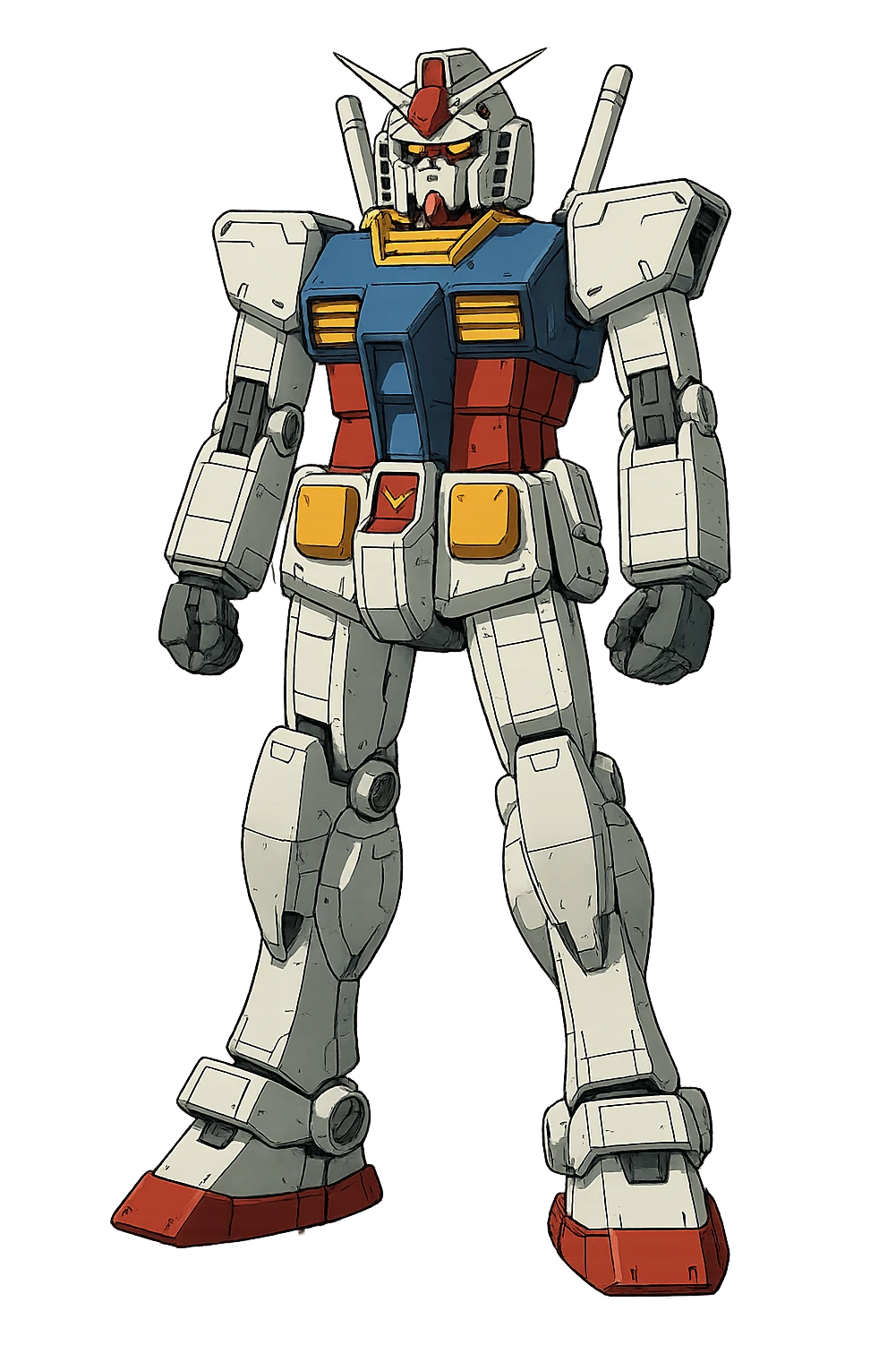 Gundam robot, standing still, no expressive pose, mechanical details, anime-inspired, white, blue, red, and yellow, no background emoji