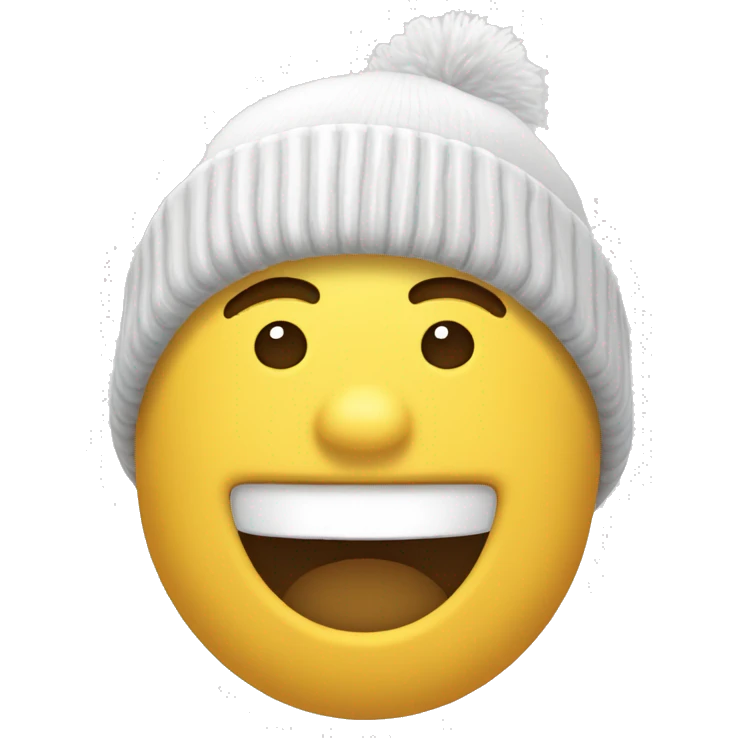 chico piel blanca, riendo , gorro de lana color moztaza emoji