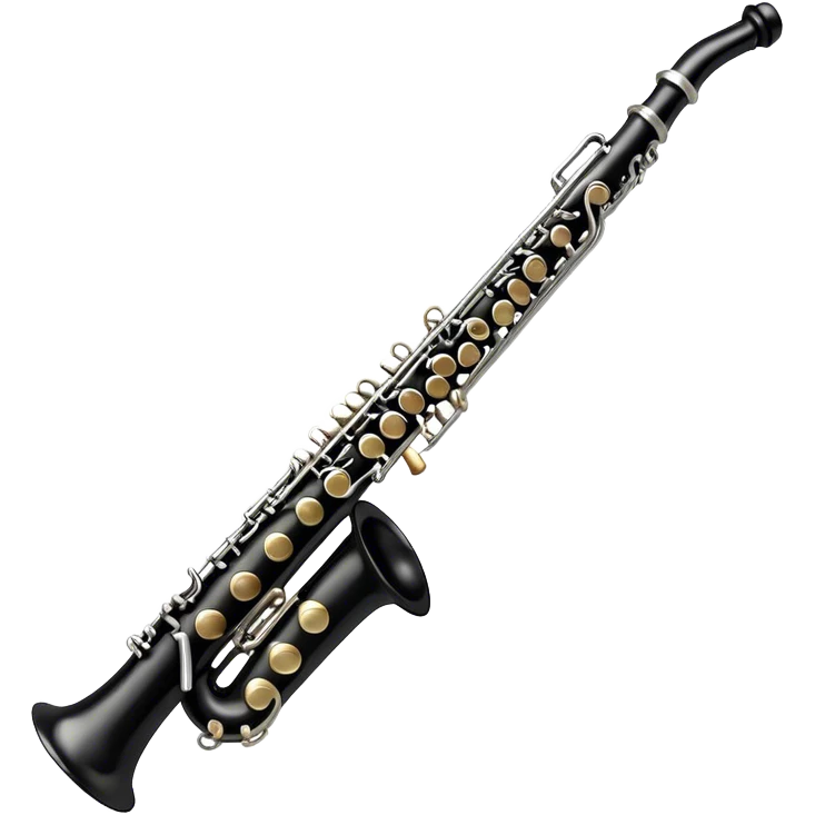 Create an elegant and detailed emoji representing a clarinet. The design should feature the sleek, black wood finish of the clarinet with its shiny metal keys clearly visible. Highlight the intricate details, such as the bell at the end and the carefully crafted mouthpiece with the reed. Use black wood tones for the body of the instrument and silver or brass accents for the keys. Add subtle musical notes or soundwaves floating around the instrument to evoke the smooth, melodic sound of the clarinet. The background should be transparent. emoji