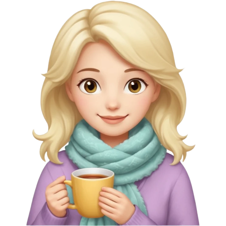 A warm-looking woman with a fluffy pastel scarf, smiling softly while holding a cup of tea. emoji