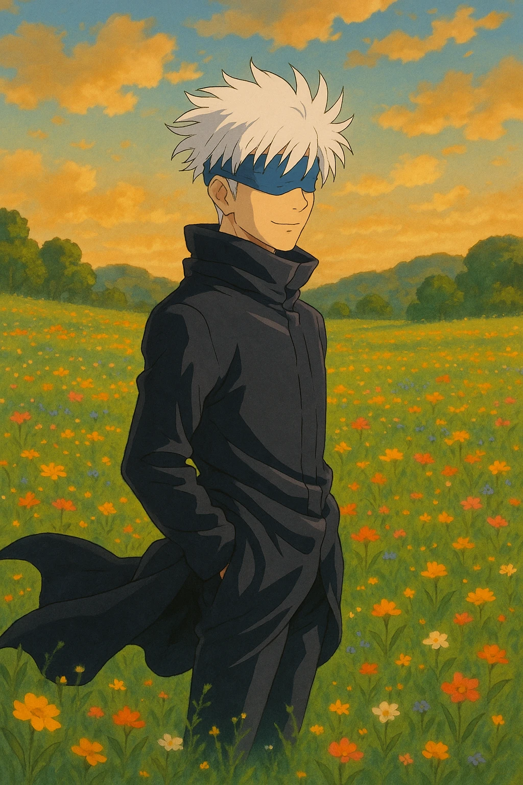Gojo Satoru, standing in a magical field, white hair, blue blindfold, flowing coat, warm lighting, Ghibli-inspired emoji