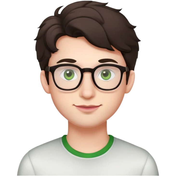 Young man with slightly curled dark brown poofy hair, green eyes wearing glasses, wide face with eyes set apart, bigger ears, very pale skin, slightly bigger nose, fuller darker pink lips with a smile, and very light stubble emoji
