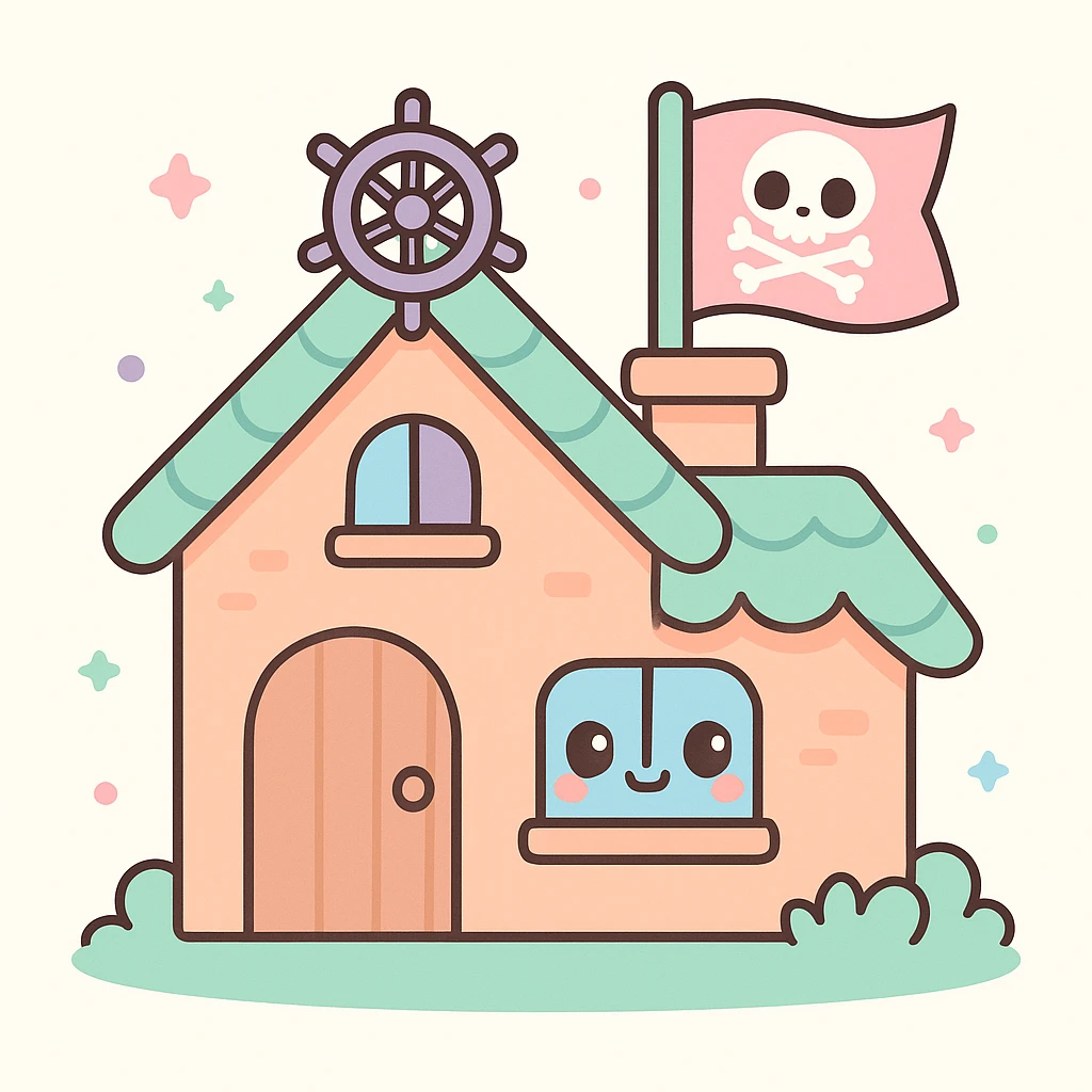 old pirate's house with skull flag emoji