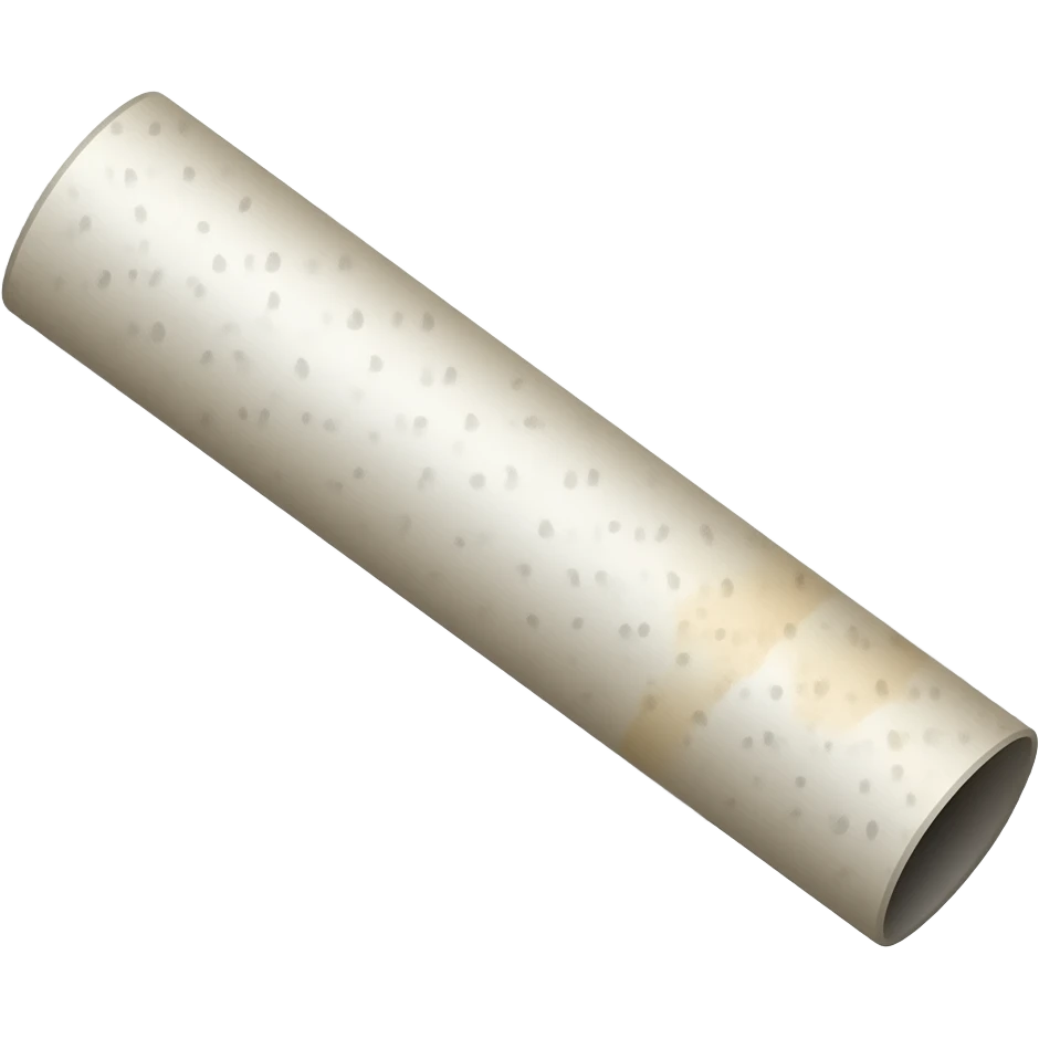 A small horizontally elongated nicotine pouch made of thin white paper, slightly filled so it looks soft and pillow-shaped. The pouch is sealed on both ends with crimped paper edges. It has a light beige stain inside from tobacco. emoji