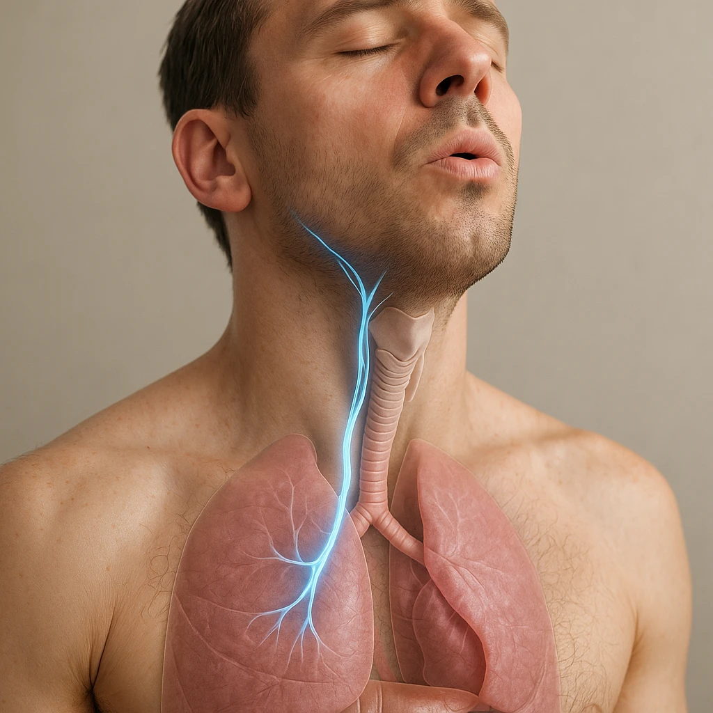 realistic 4K close-up image of a man's neck and chest improving his vagus nerve through breathing protocols, anatomical details, highlighted vagus nerve path with blue glowing effect, man inhaling, transparency on internal organs, neutral background emoji