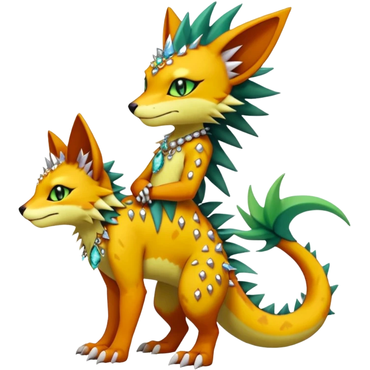 Kawaii cute reddish orangish yellowish greenish exotic tropical beautiful pretty elegant divine edgy feline-vernid-sergal-Fakémon-Pokémon-Digimon-fursona-animal-creature with accessories, jewelries, full body, with intricate detailed markings, spikes, crystals, fins, scales, spiny emoji