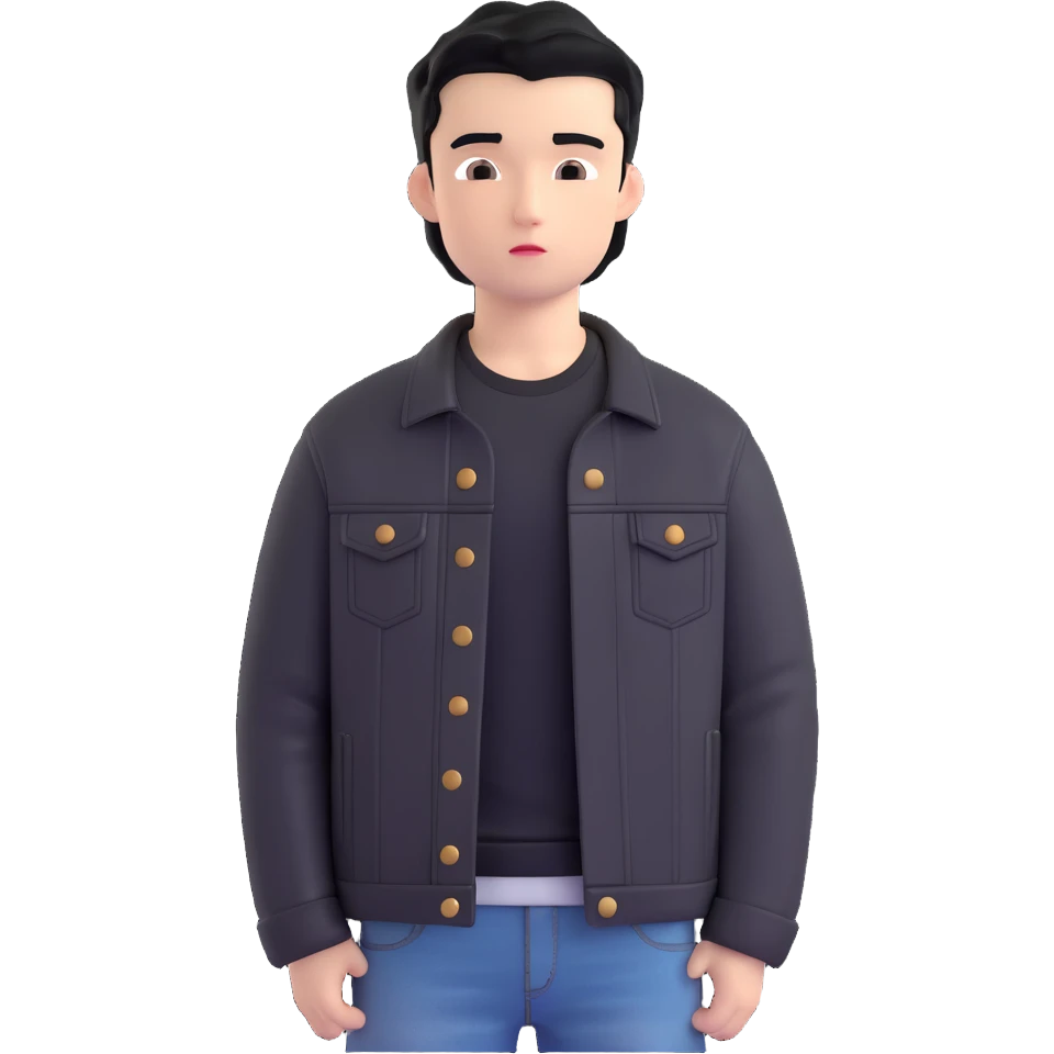 3D emoji Microsoft style, young man with black hair, wearing black t-shirt and black denim jacket, based on photo reference, neutral facial expression emoji
