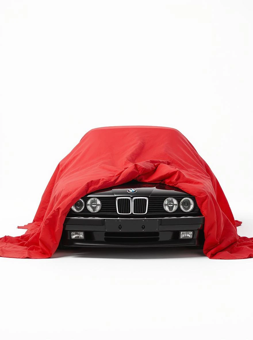 studio photo on a pure white background old black BMW E34 car is visible from under a red tent cover emoji