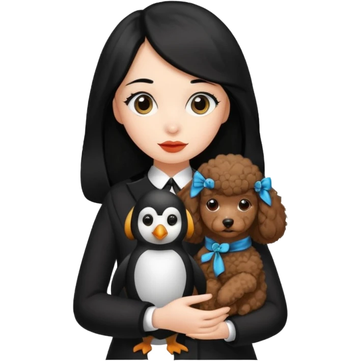 A girl who has long hair and looks like a penguin holds a brown poodle emoji