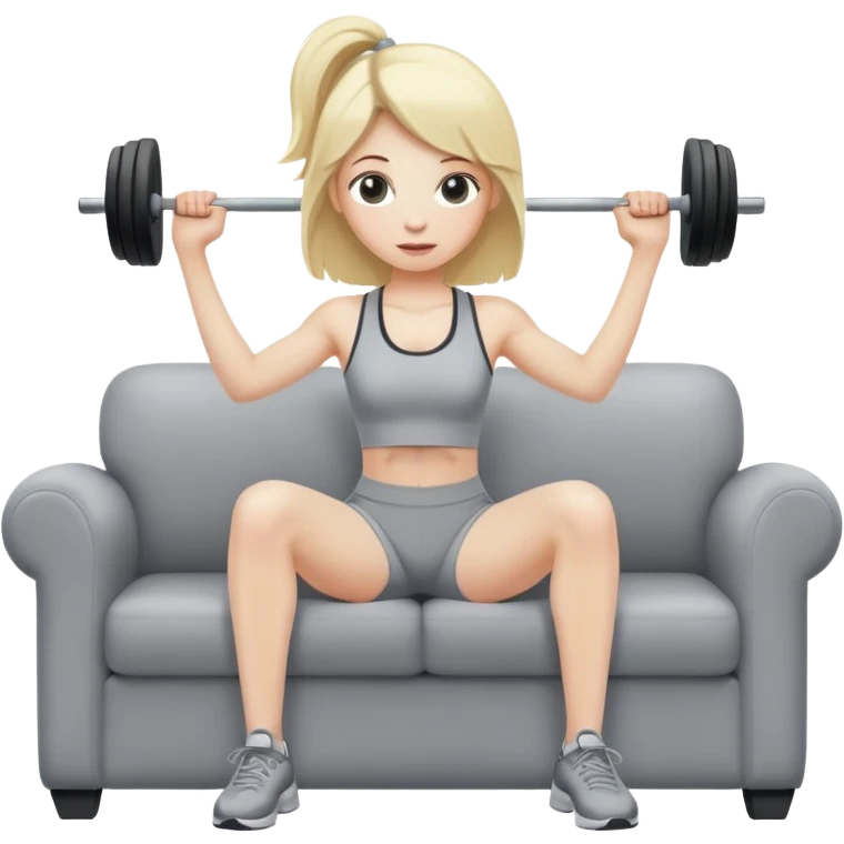 Cute blond in athletic clothes lifting a grey couch  emoji