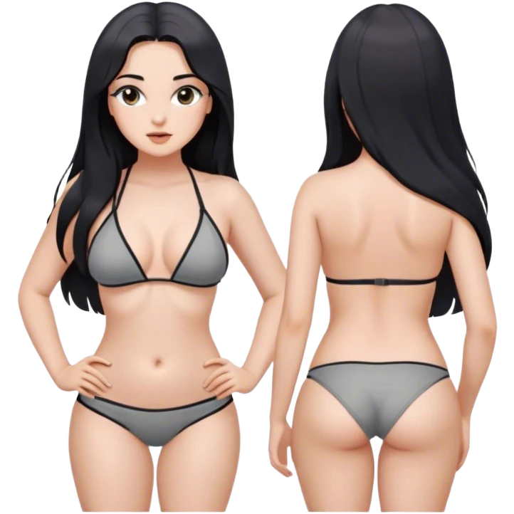 A girl with long black hair, with attractive black eyes, long eyelashes, wearing grey shorts, a bikini top, a very beautiful curvy body, thin emoji