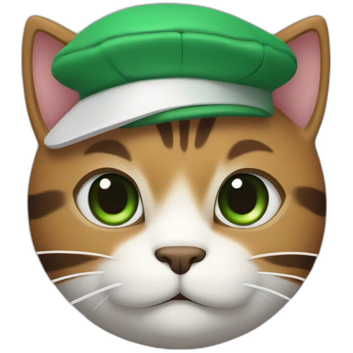 Brown cat with black stripes and white mustache and the contour of the white mouth and green eyes with a brush pencil and a beret emoji