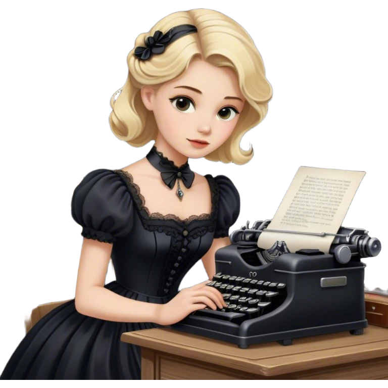 Blonde model wearing a black Victorian gown typing on a black typewriter at an old desk emoji