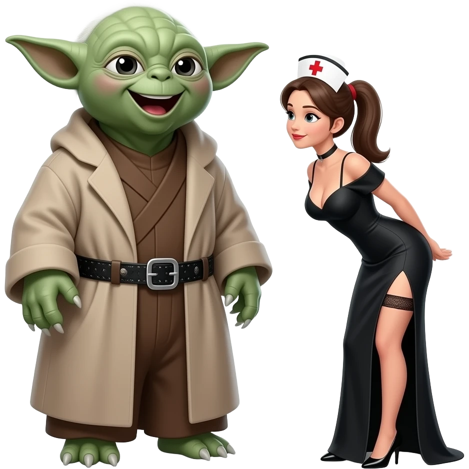 6 foot tall Yoda standing immediately behind a pony  tailed nurse smiling with open mouth, wearing a garter belt, long black dress.Nurse  has DD breasts slit down side of dress , she is bending over looking back at Yoda seductively emoji